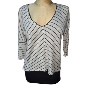 White House Black Market Black & White Striped V-Neck Layered Hem Top